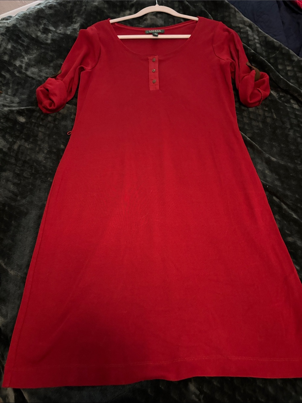 Ralph Lauren Red Henley Midi Dress with Brown Tie Belt Sz L - Picture 4 of 10